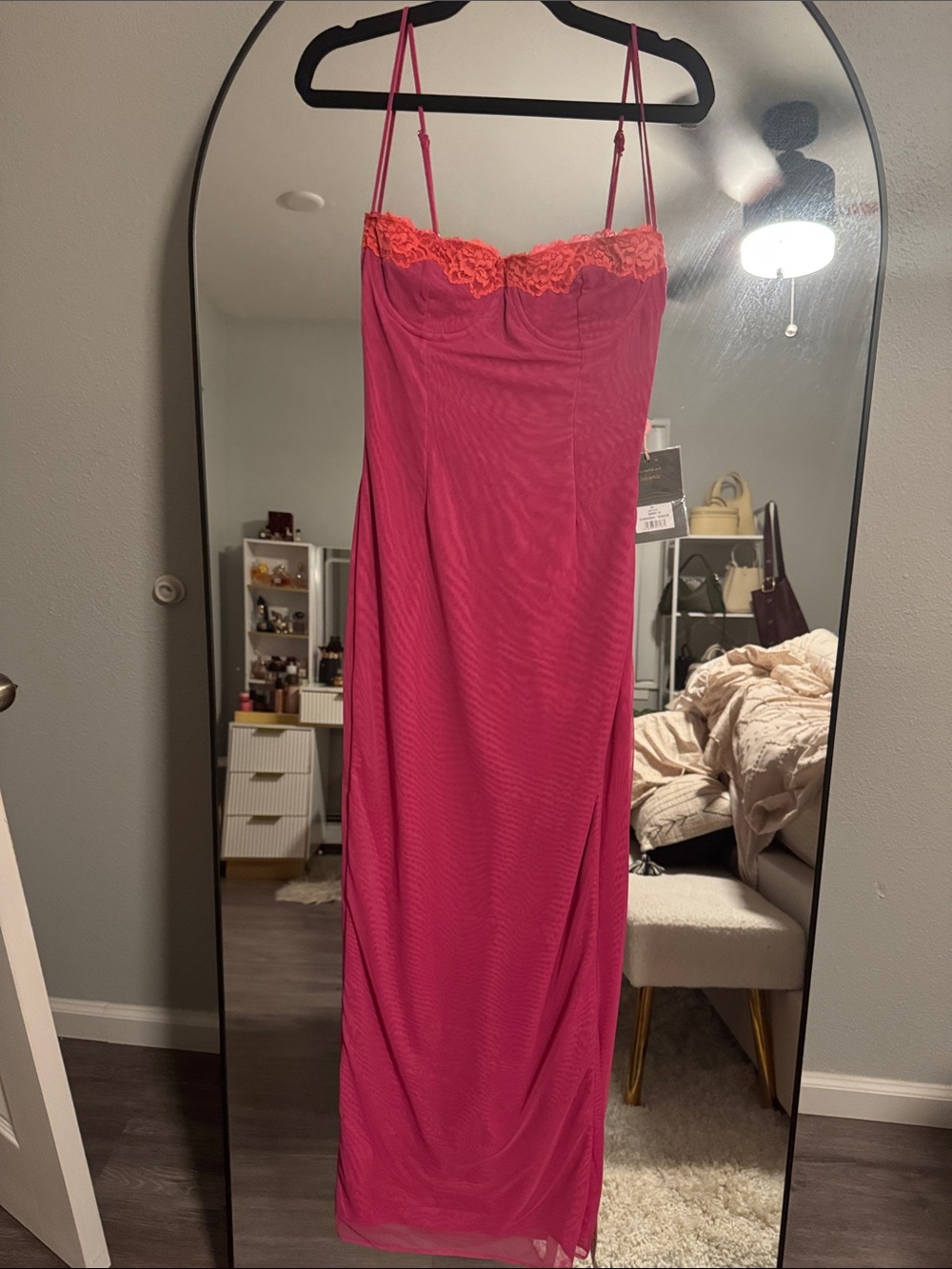 House of CB Hot Pink Slip Dress with Coral Lace Trim